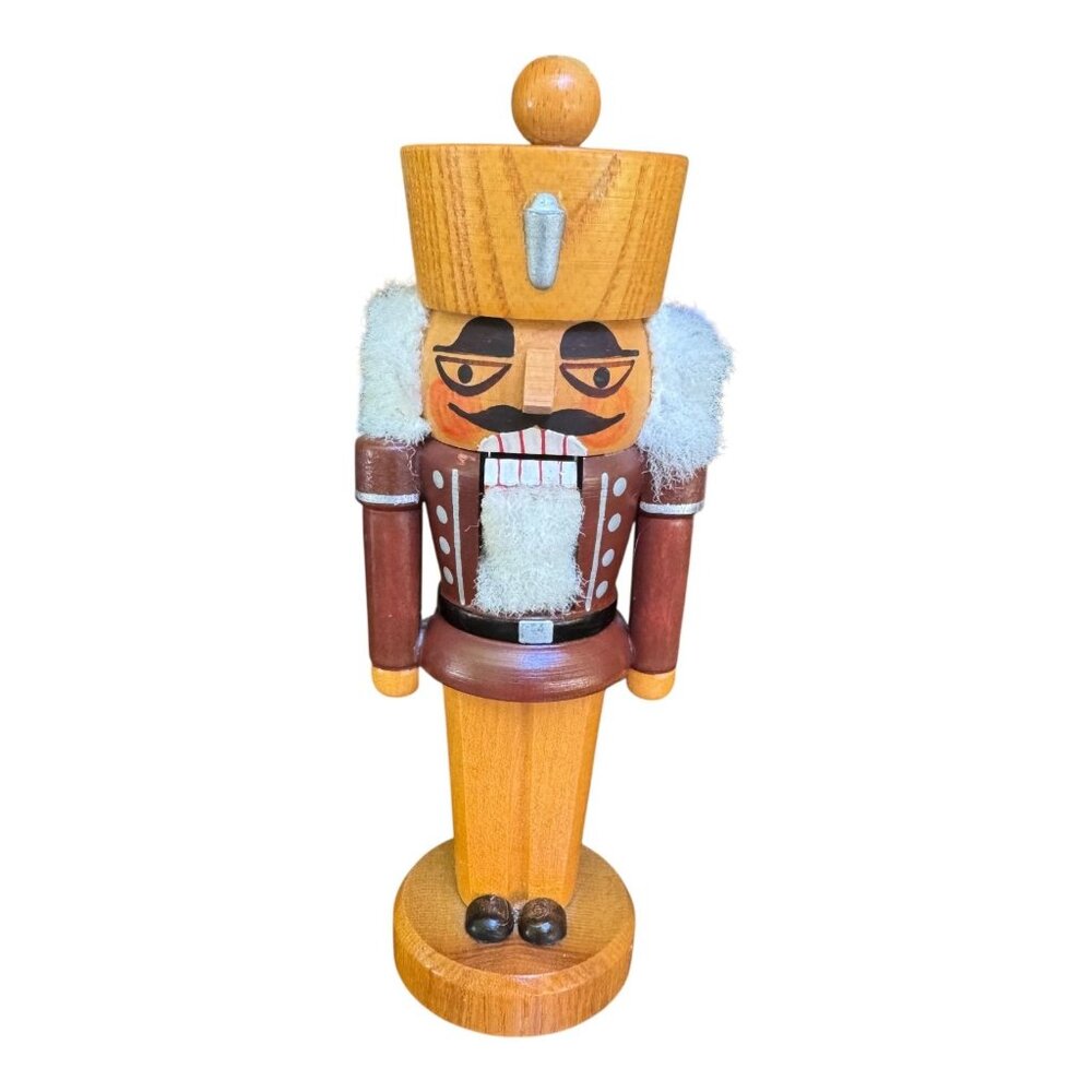 Vtg Erzgebirge Wooden Nutcracker White Fur Accent Brown Uniform Germany 7.5 in
